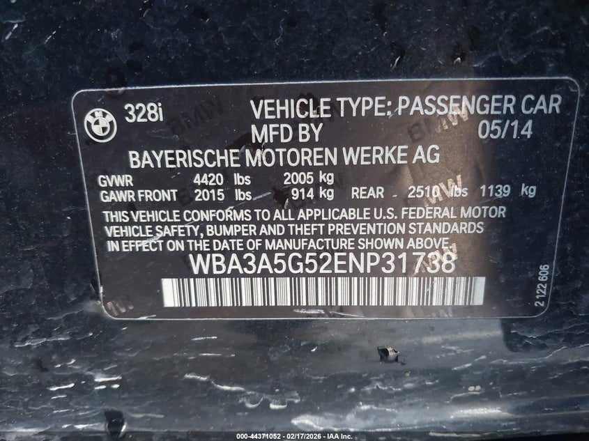 2014 BMW 3er VIN WBA3A5G52ENP31738 IAAI salvage auction — FRONT END, Salvage Title, sold $625 on 2026-07-20 (photo 9)