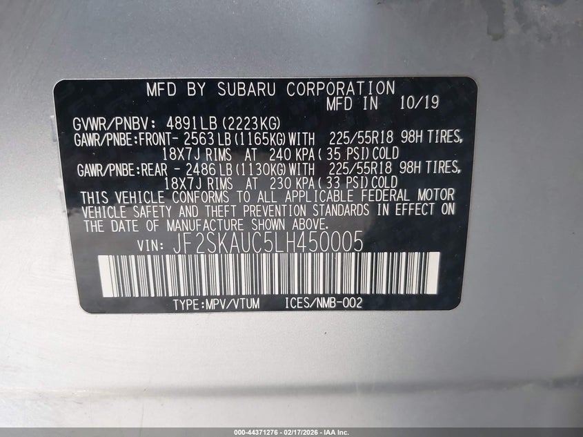 2020 Subaru Forester VIN JF2SKAUC5LH450005 IAAI salvage auction — LEFT FRONT, Original (Texas), sold $3,050 on 2026-07-14 (photo 9)