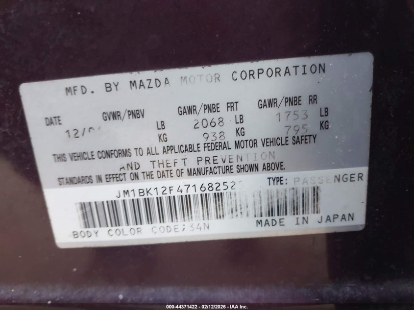 2007 Mazda 3 VIN JM1BK12F471682525 IAAI salvage auction — RIGHT FRONT, Salvage (Pennsylvania), sold $250 on 2026-07-24 (photo 9)