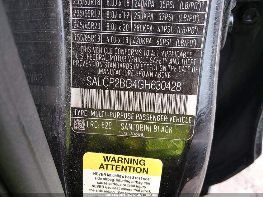 2016 Land rover Discovery sport VIN SALCP2BG4GH630428 IAAI salvage auction — FRONT END, Salvage Title, sold $2,425 on 2026-07-08 (photo 9)