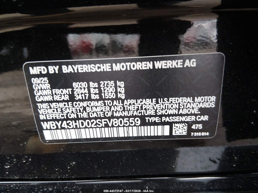 2025 BMW I4 VIN WBY43HD02SFV80559 IAAI salvage auction — FRONT END, Salvage (Pennsylvania), sold $15,525 on 2026-07-30 (photo 9)