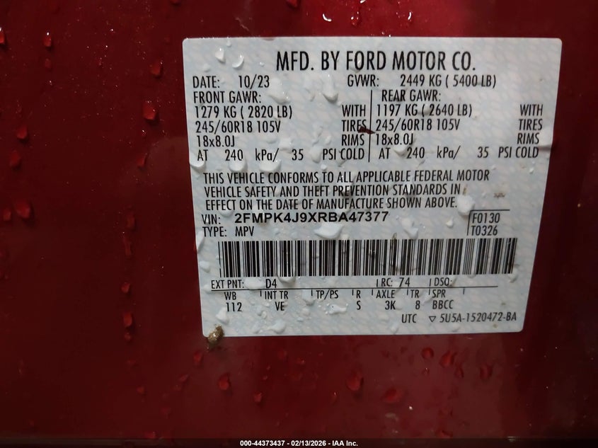 2024 Ford Edge VIN 2FMPK4J9XRBA47377 IAAI salvage auction — FRONT END, Salvage (Iowa), sold $8,350 on 2026-07-21 (photo 9)