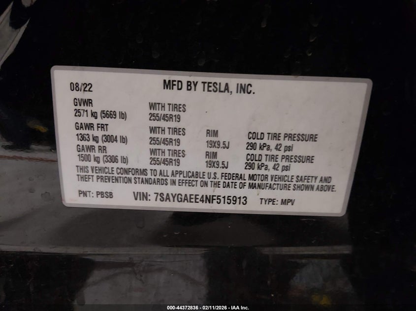 2022 Tesla Model y VIN 7SAYGAEE4NF515913 IAAI salvage auction — LEFT SIDE, Salvage (Alabama), sold $6,900 on 2026-07-13 (photo 9)