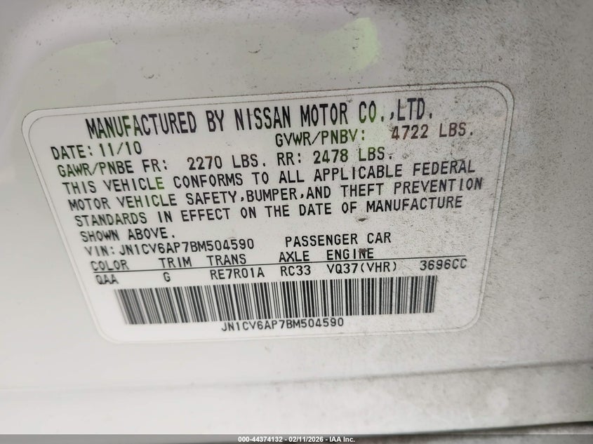 2011 Infiniti G37 VIN JN1CV6AP7BM504590 IAAI salvage auction — FRONT END, Salvage (California), sold $1,700 on 2026-08-28 (photo 9)