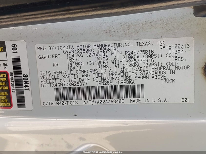 2013 Toyota Tacoma VIN 5TFTX4GN7DX025377 IAAI salvage auction — LEFT REAR, Salvage (California), sold $3,800 on 2026-07-07 (photo 9)