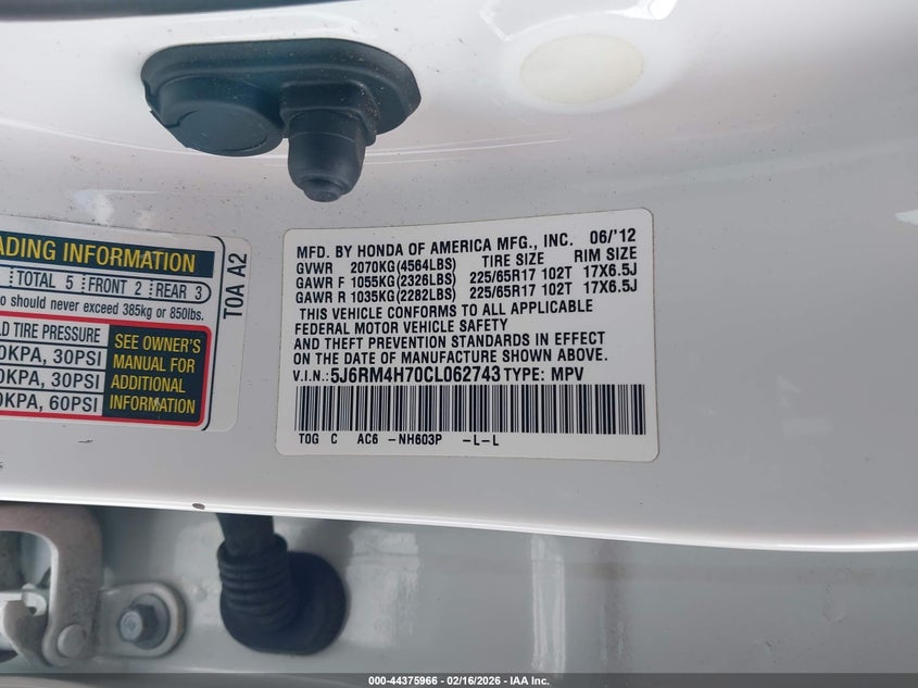 2012 Honda Cr-v VIN 5J6RM4H70CL062743 IAAI salvage auction — SIDE, Salvage Title, sold $3,000 on 2026-07-05 (photo 9)