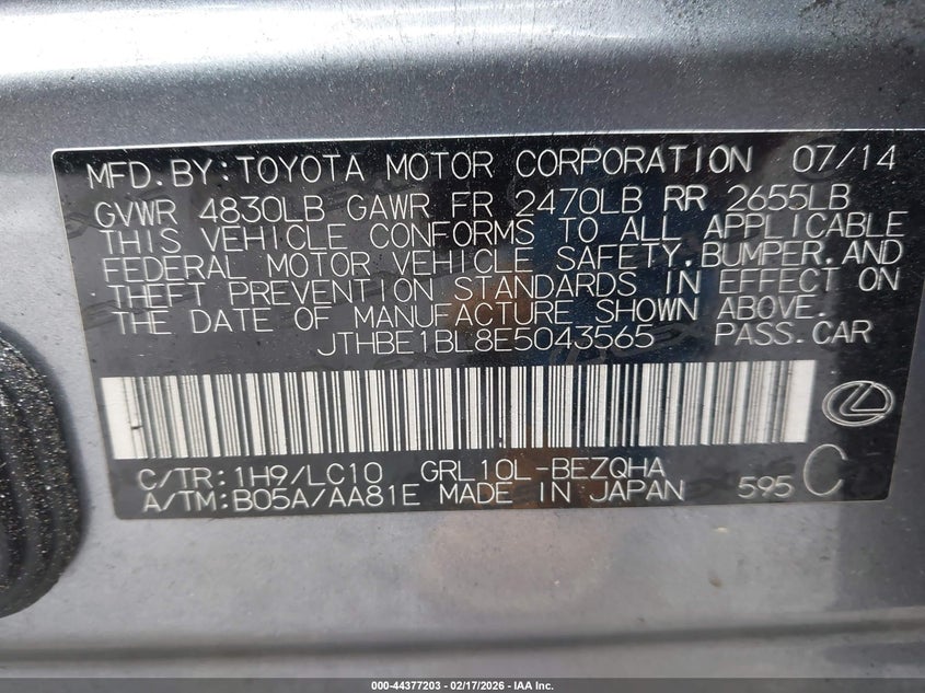 2014 Lexus Gs VIN JTHBE1BL8E5043565 IAAI salvage auction — FRONT END, Salvage Title, sold $1,925 on 2026-07-22 (photo 9)