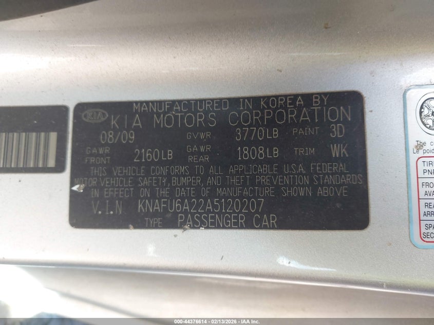 2010 Kia Forte VIN KNAFU6A22A5120207 IAAI salvage auction — FRONT END, Parts Only - Bill Of Sale (North Carolina), sold $250 on 2026-07-13 (photo 9)