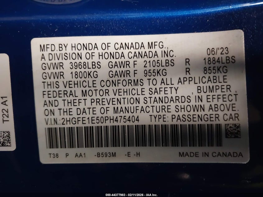 2023 Honda Civic VIN 2HGFE1E50PH475404 IAAI salvage auction — RIGHT SIDE, Mv-907A (New York), sold $8,100 on 2026-09-02 (photo 9)