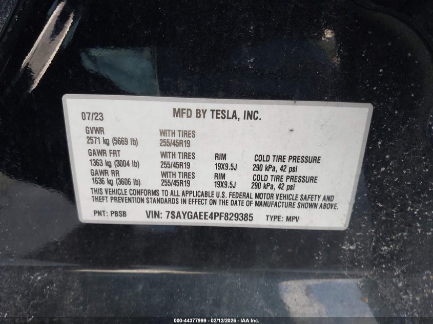 2023 Tesla Model y VIN 7SAYGAEE4PF829385 IAAI salvage auction — FRONT & REAR, Salvage (New Jersey), sold $8,500 on 2026-07-16 (photo 9)