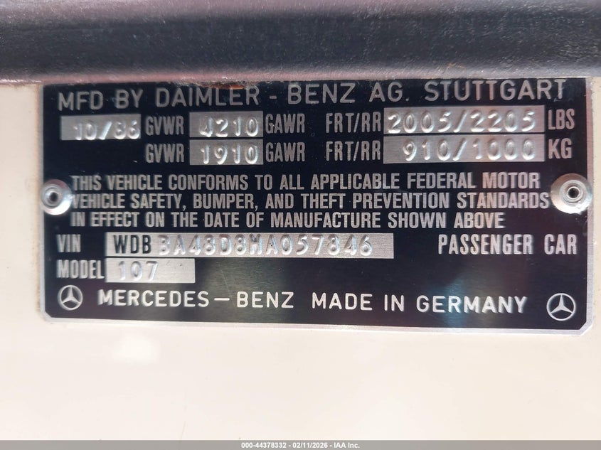 1987 Mercedes-benz 560 VIN WDBBA48D8HA057846 IAAI salvage auction — REAR END, Salvage (California), sold $8,700 on 2026-07-22 (photo 9)