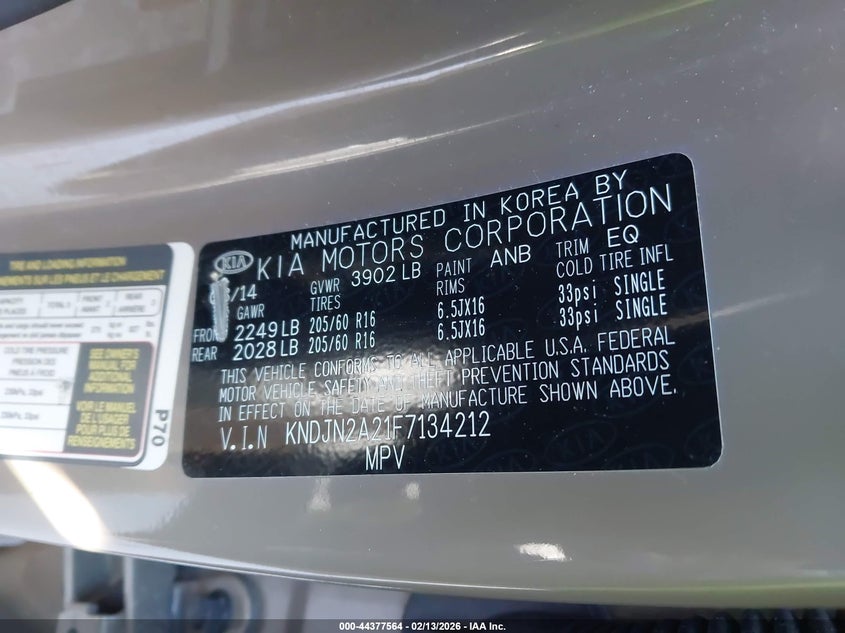 2015 Kia Soul VIN KNDJN2A21F7134212 IAAI salvage auction — FRONT END, Salvage Title, sold $975 on 2026-07-13 (photo 9)