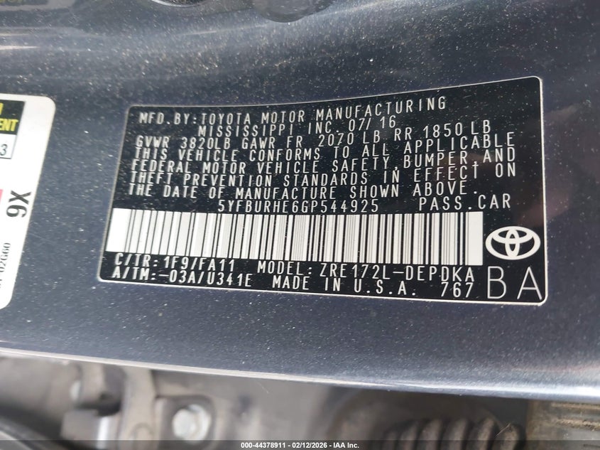 2016 Toyota Corolla VIN 5YFBURHE6GP544925 IAAI salvage auction — LEFT FRONT, Salvage Title, sold $2,400 on 2026-07-22 (photo 9)