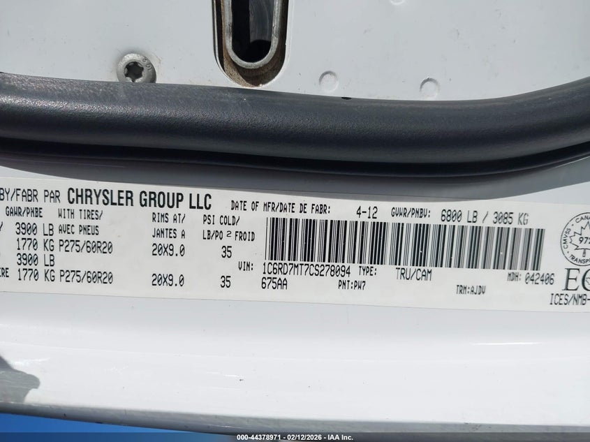 2012 Ram 1500 VIN 1C6RD7MT7CS278094 IAAI salvage auction — HAIL, Salvage Title, sold $3,200 on 2026-07-12 (photo 9)