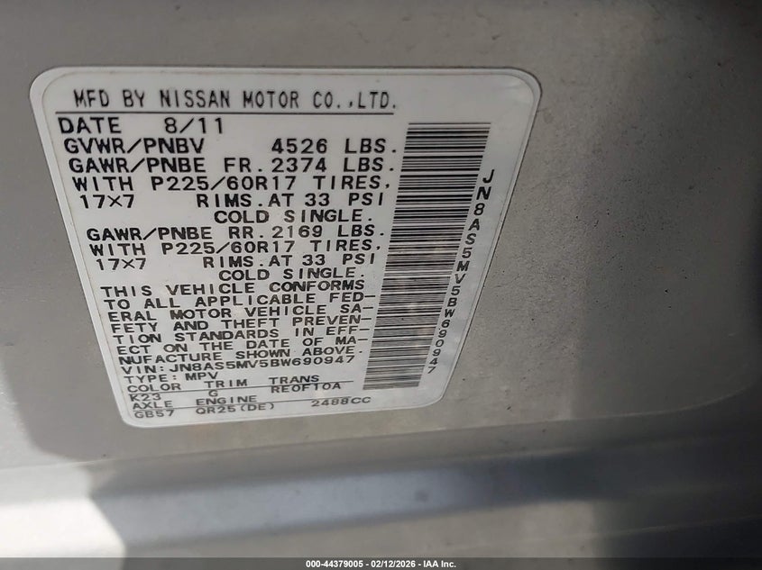 2011 Nissan Rogue VIN JN8AS5MV5BW690947 IAAI salvage auction — NORMAL WEAR, Clear (Delaware), sold $300 on 2026-07-13 (photo 9)