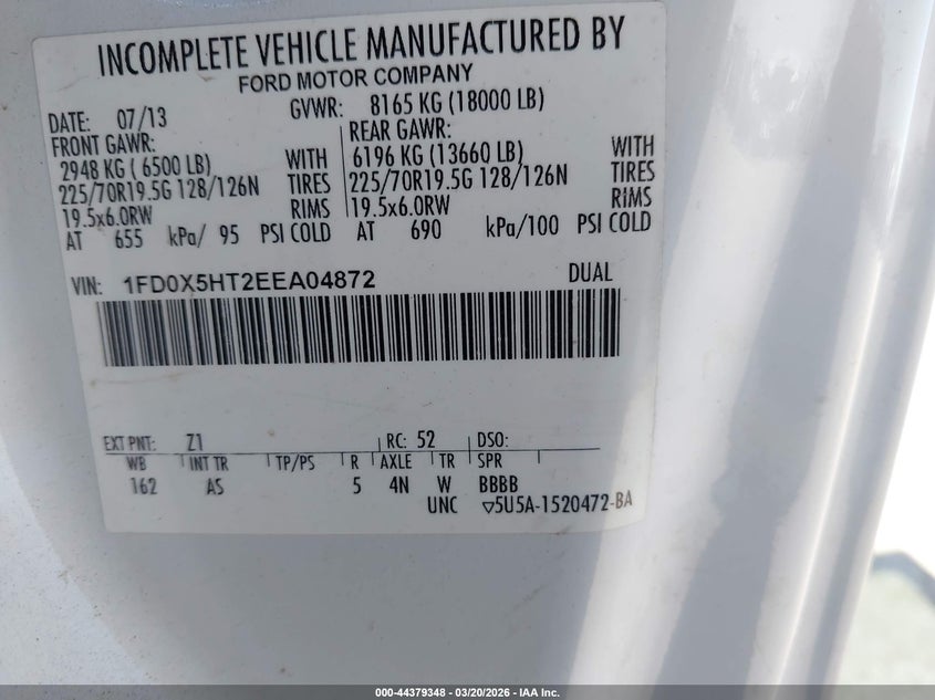 2014 Ford F-550 chassis VIN 1FD0X5HT2EEA04872 IAAI salvage auction — NORMAL WEAR, Sf97 (Texas), sold $9,850 on 2026-07-07 (photo 9)