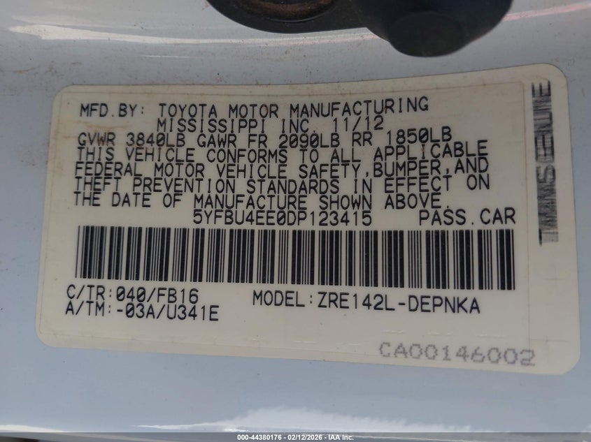 2013 Toyota Corolla VIN 5YFBU4EE0DP123415 IAAI salvage auction — FRONT END, Salvage Title, sold $1,850 on 2026-07-07 (photo 9)