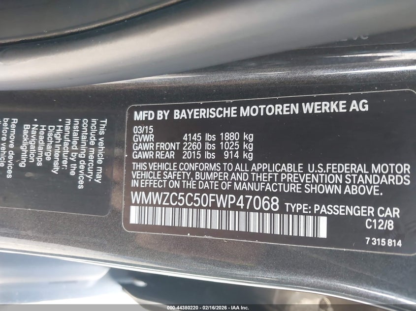2015 Mini Countryman VIN WMWZC5C50FWP47068 IAAI salvage auction — FRONT & REAR, Salvage Title, sold $1,700 on 2026-08-04 (photo 9)