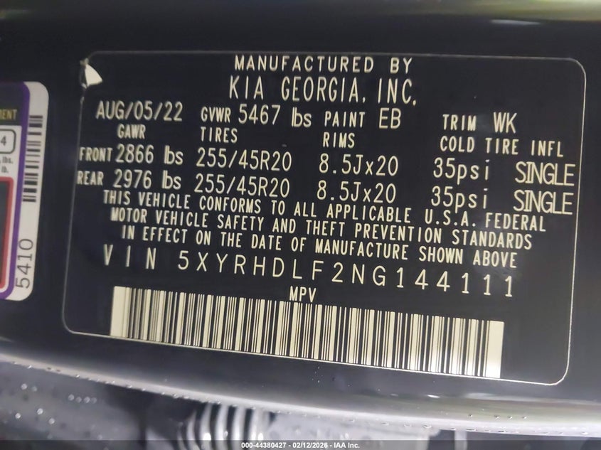 2022 Kia Sorento VIN 5XYRHDLF2NG144111 IAAI salvage auction — FRONT END, Original (Alaska), sold $4,875 on 2026-07-17 (photo 9)
