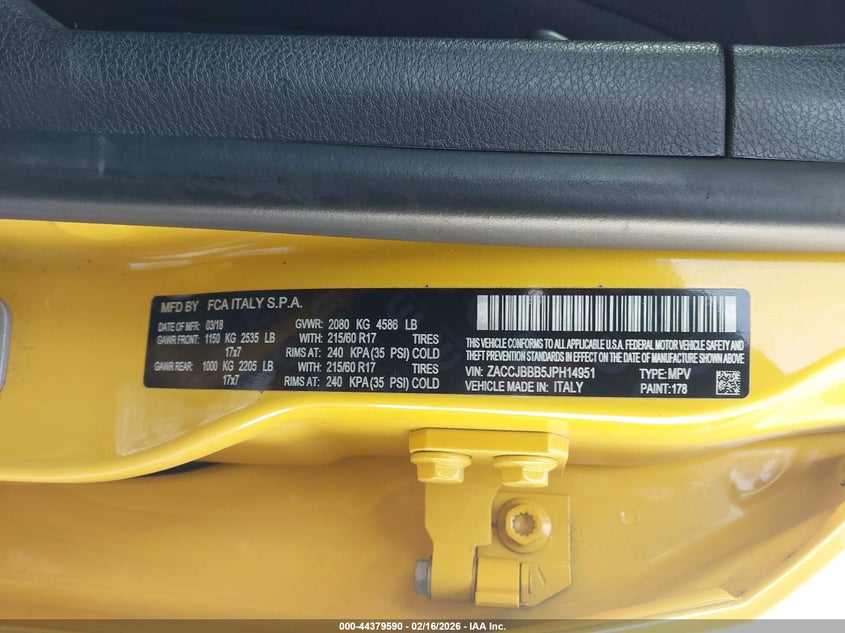 2018 Jeep Renegade VIN ZACCJBBB5JPH14951 IAAI salvage auction — RIGHT FRONT, Salvage (Vermont), sold $2,400 on 2026-08-20 (photo 9)