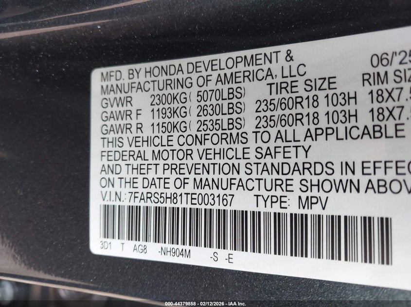 2026 Honda Cr-v VIN 7FARS5H81TE003167 IAAI salvage auction — FRONT END, Salvage Title, sold $10,225 on 2026-07-20 (photo 9)