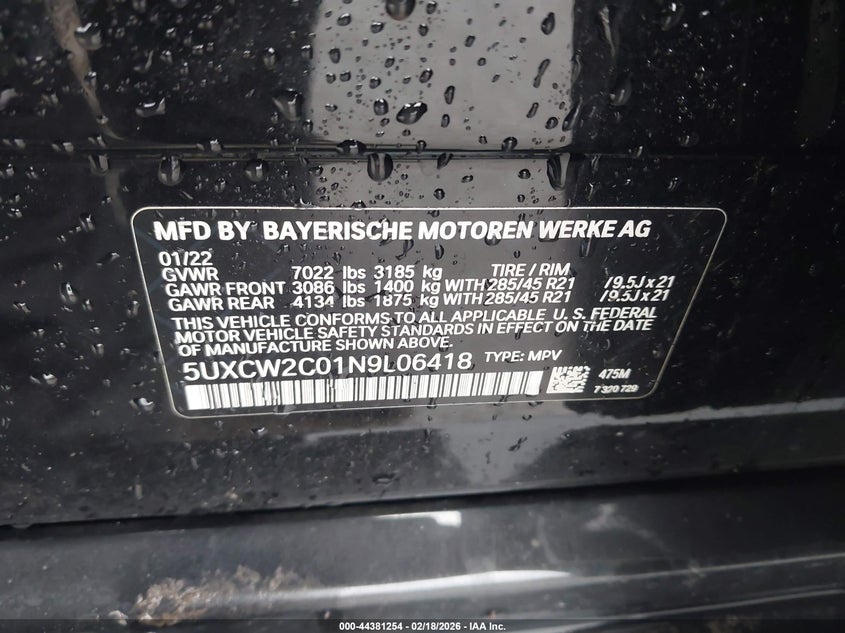 2022 BMW X7 VIN 5UXCW2C01N9L06418 IAAI salvage auction — LEFT SIDE, Salvage Title, sold $24,300 on 2026-07-22 (photo 9)