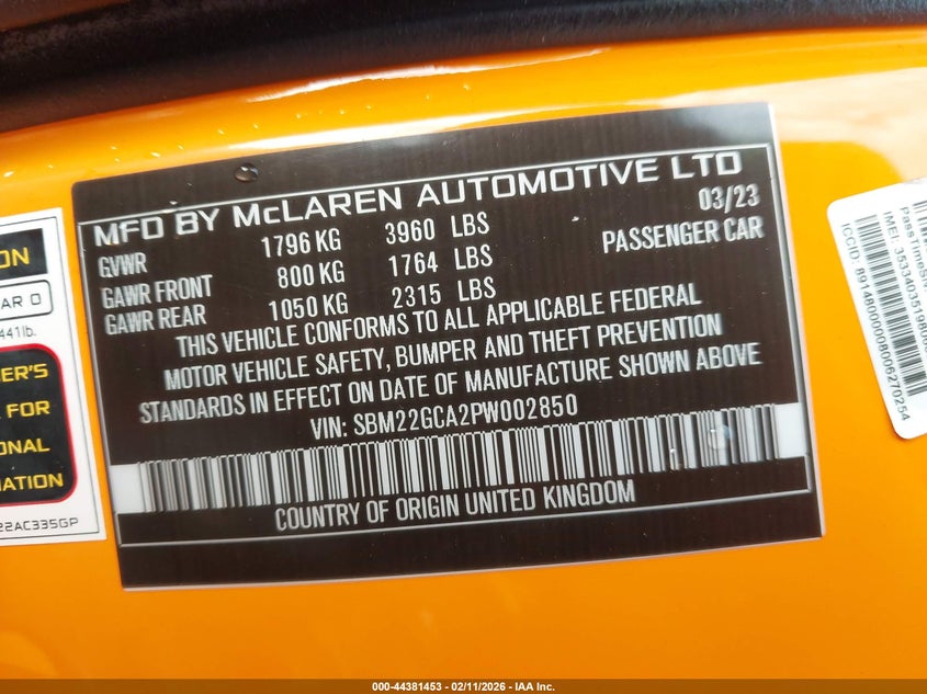 2023 Mclaren Gt VIN SBM22GCA2PW002850 IAAI salvage auction — Side, Salvage (Georgia), sold $40,200 on 2026-05-26 (photo 9)