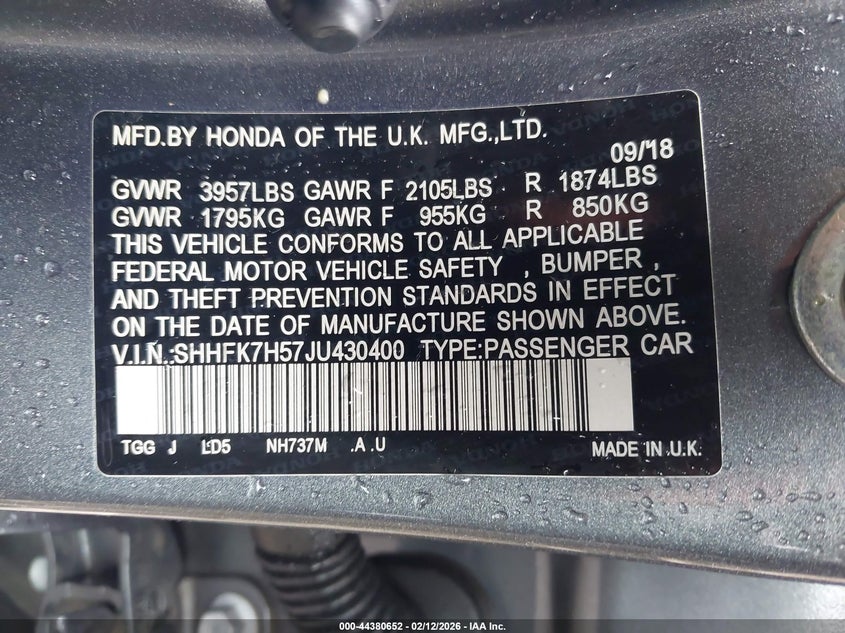2018 Honda Civic VIN SHHFK7H57JU430400 IAAI salvage auction — FRONT END, Clear (Hawaii), sold $2,150 on 2026-07-28 (photo 9)