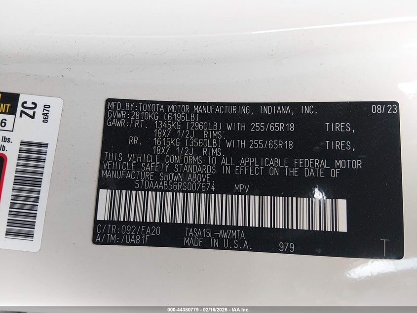 2024 Toyota Highlander VIN 5TDAAAB56RS007674 IAAI salvage auction — LEFT SIDE, Salvage (Colorado), sold $7,100 on 2026-07-07 (photo 9)