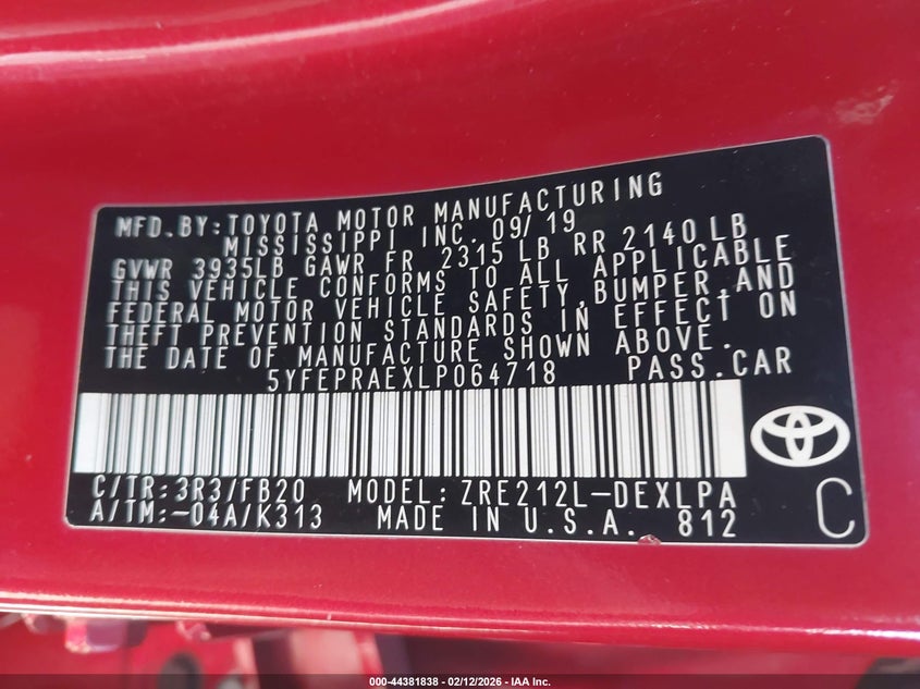 2020 Toyota Corolla VIN 5YFEPRAEXLP064718 IAAI salvage auction — FRONT END, Salvage (Idaho), sold $3,050 on 2026-07-31 (photo 9)