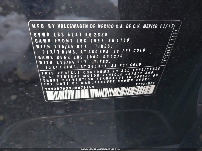 2018 Volkswagen Tiguan VIN 3VV3B7AX9JM079759 IAAI salvage auction — LEFT SIDE, Salvage (Indiana), sold $2,500 on 2026-07-25 (photo 9)