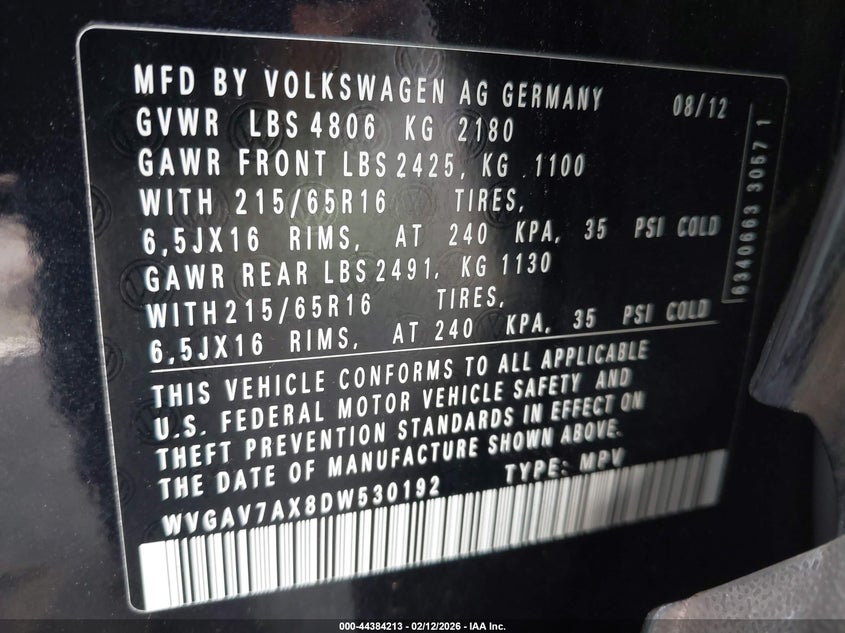 2013 Volkswagen Tiguan VIN WVGAV7AX8DW530192 IAAI salvage auction — REAR END, Salvage Title, sold $325 on 2026-07-15 (photo 9)