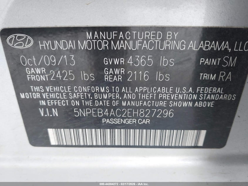 2014 Hyundai Sonata VIN 5NPEB4AC2EH827296 IAAI salvage auction — LEFT & RIGHT, Salvage (Oregon), sold $700 on 2026-07-09 (photo 9)