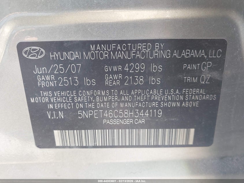 2008 Hyundai Sonata VIN 5NPET46C58H344119 IAAI salvage auction — MECHANICAL, Original (Kentucky), sold $275 on 2026-07-29 (photo 9)