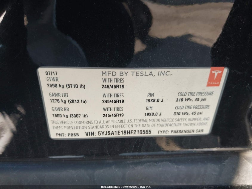 2017 Tesla Model s VIN 5YJSA1E18HF210565 IAAI salvage auction — LEFT FRONT, Salvage Title, sold $2,225 on 2026-07-22 (photo 9)