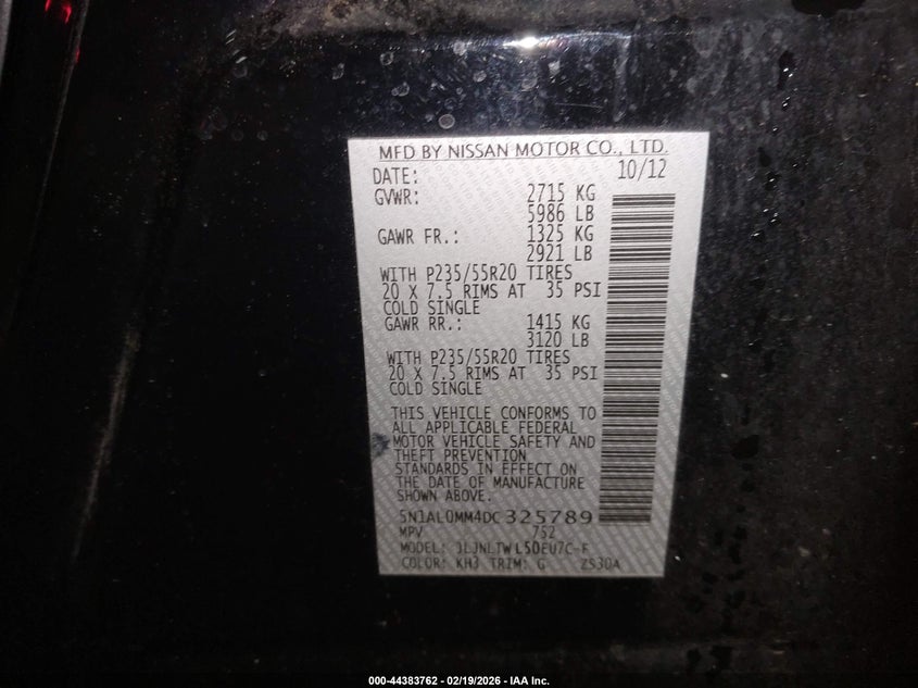 2013 Infiniti Jx VIN 5N1AL0MM4DC325789 IAAI salvage auction — REAR END, Salvage Title, sold $1,575 on 2026-07-20 (photo 9)