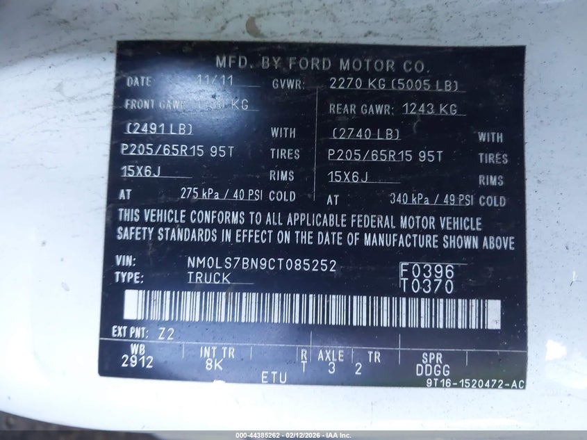 2012 Ford Transit VIN NM0LS7BN9CT085252 IAAI salvage auction — RIGHT FRONT, Salvage (Idaho), sold $850 on 2026-07-07 (photo 9)