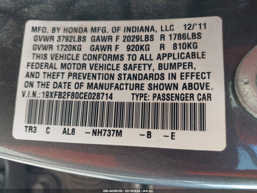 2012 Honda Civic VIN 19XFB2F80CE028714 IAAI salvage auction — LEFT FRONT, Salvage Title, sold $1,550 on 2026-07-10 (photo 9)