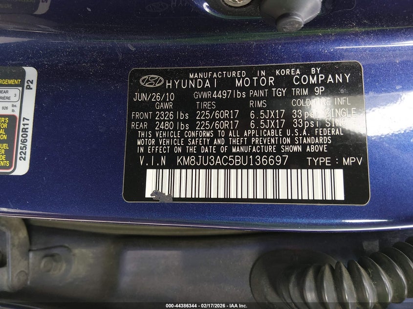 2011 Hyundai Tucson VIN KM8JU3AC5BU136697 IAAI salvage auction — RIGHT SIDE, Salvage (North Carolina), sold $1,425 on 2026-07-22 (photo 9)