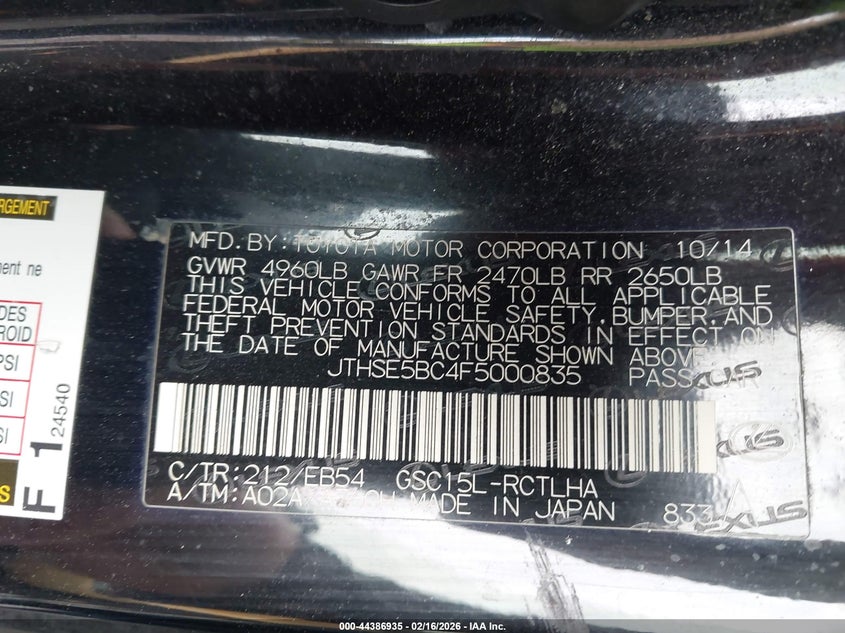 2015 Lexus Rc VIN JTHSE5BC4F5000835 IAAI salvage auction — FRONT END, Salvage (Connecticut), sold $1,200 on 2026-07-31 (photo 9)