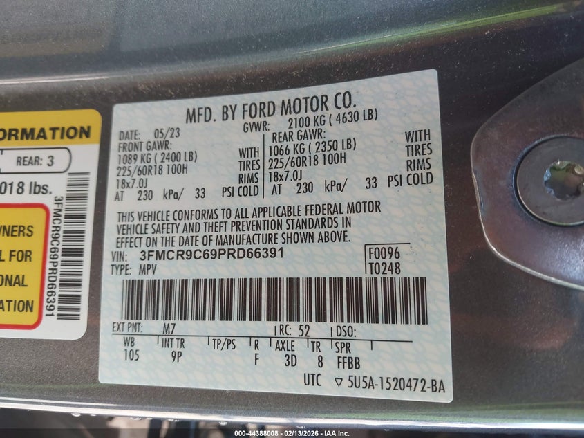 2023 Ford Bronco sport VIN 3FMCR9C69PRD66391 IAAI salvage auction — REAR END, Clear (Oklahoma), sold $10,900 on 2026-07-30 (photo 9)