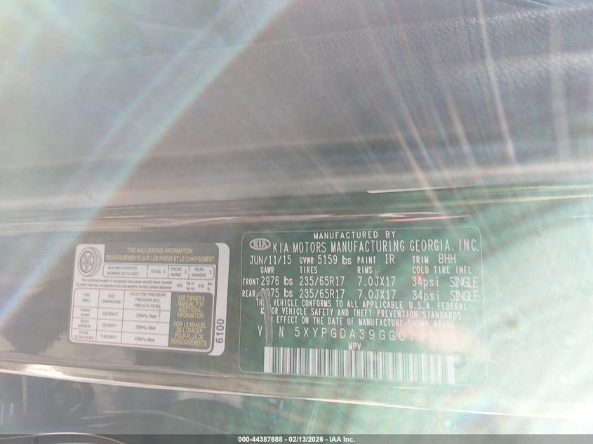 2016 Kia Sorento VIN 5XYPGDA39GG077531 IAAI salvage auction — FRONT END, Salvage Title, sold $1,100 on 2026-07-09 (photo 9)