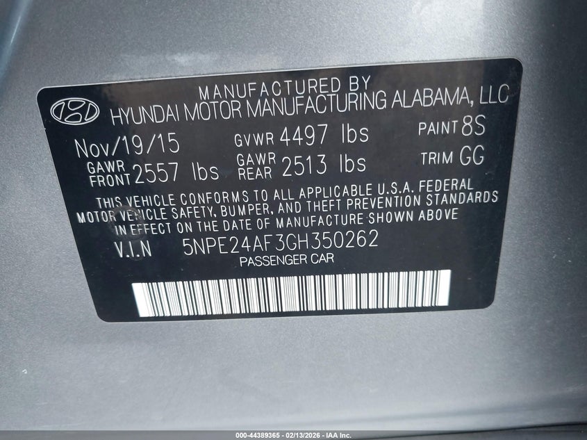 2016 Hyundai Sonata VIN 5NPE24AF3GH350262 IAAI salvage auction — SIDE, Salvage Title, sold $800 on 2026-07-05 (photo 9)