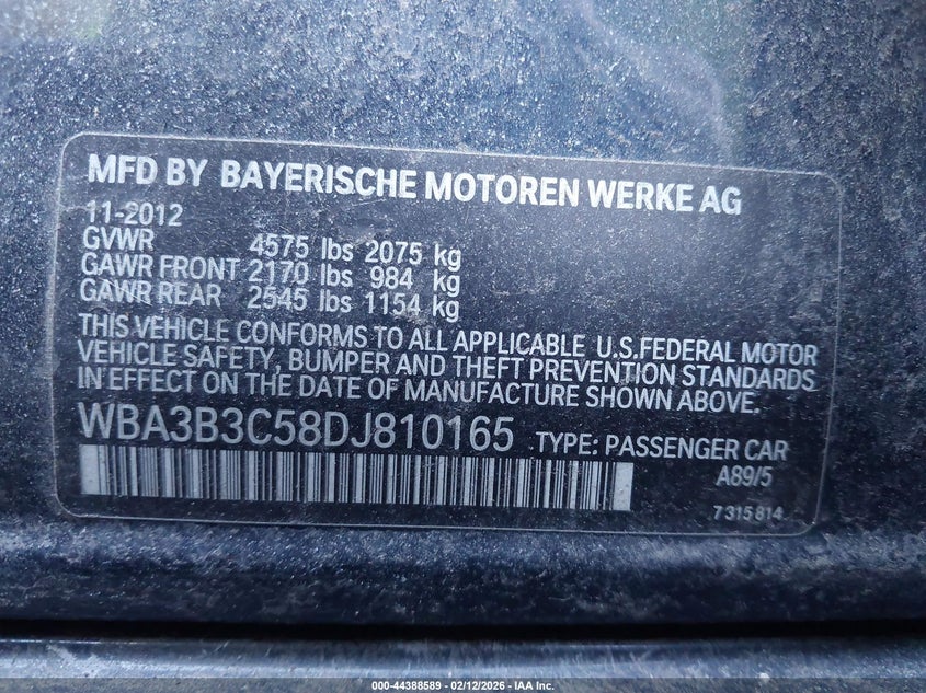 2013 BMW 3er VIN WBA3B3C58DJ810165 IAAI salvage auction — REAR END, Salvage Title, sold $525 on 2026-08-18 (photo 9)