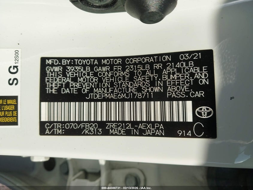 2021 Toyota Corolla VIN JTDEPMAE6MJ178711 IAAI salvage auction — FRONT END, Certificate Of Destruction (Florida), sold $1,500 on 2026-07-29 (photo 9)