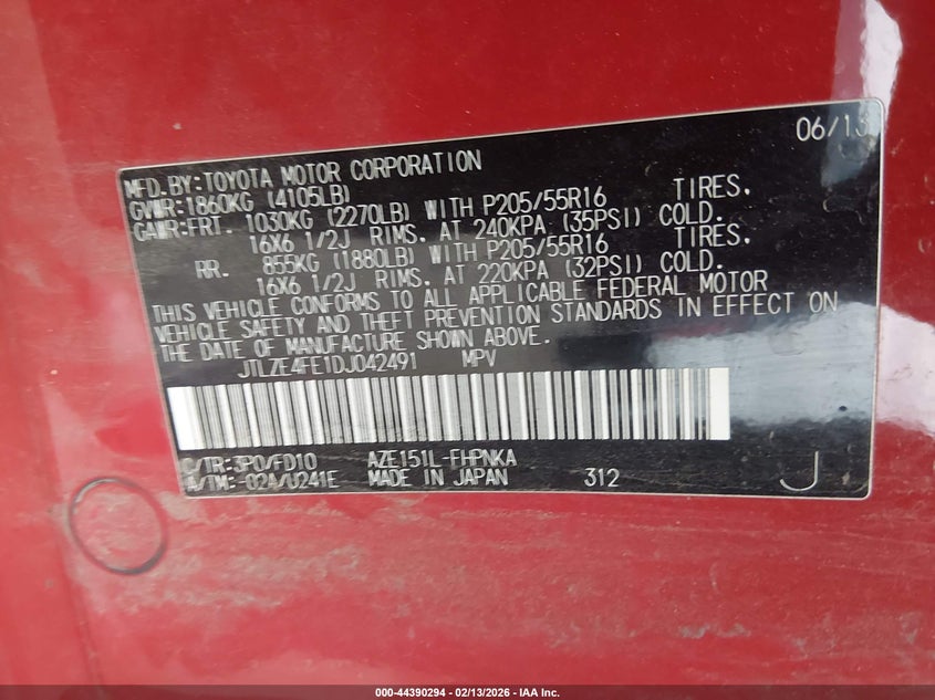 2013 Toyota VIN JTLZE4FE1DJ042491 IAAI salvage auction — FRONT END, Salvage (Idaho), sold $500 on 2026-07-14 (photo 9)