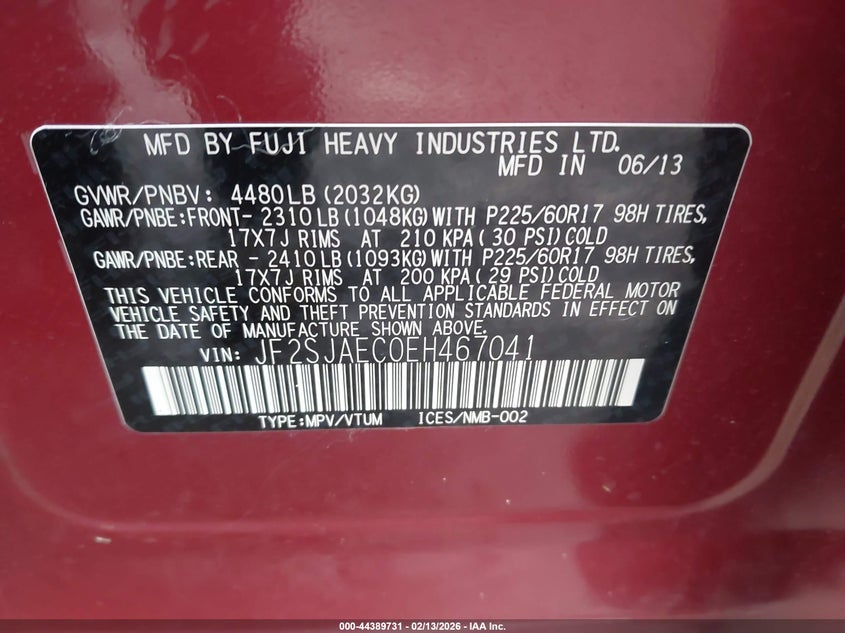 2014 Subaru Forester VIN JF2SJAEC0EH467041 IAAI salvage auction — LEFT FRONT, Salvage (Missouri), sold $1,675 on 2026-07-07 (photo 9)