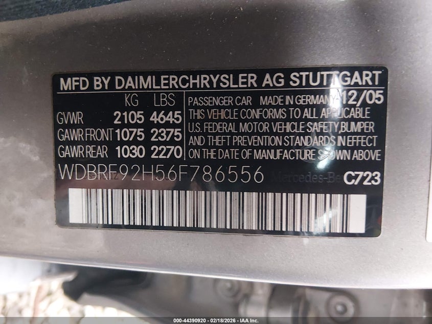 2006 Mercedes-benz C-klasse VIN WDBRF92H56F786556 IAAI salvage auction — FRONT END, Salvage (Idaho), sold $125 on 2026-07-12 (photo 9)