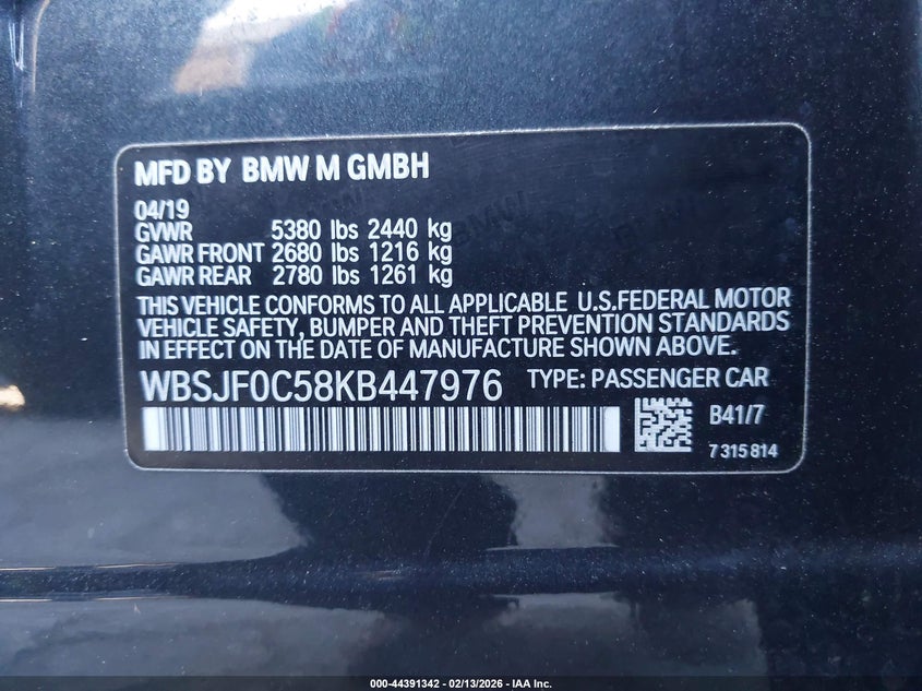 2019 BMW M5 VIN WBSJF0C58KB447976 IAAI salvage auction — FRONT END, Salvage Title, sold $25,000 on 2026-07-15 (photo 9)
