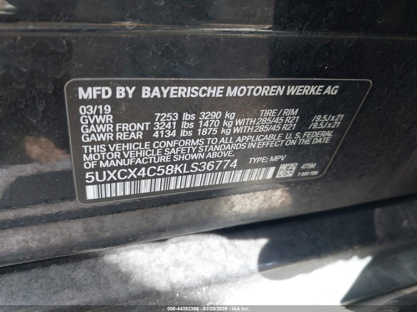2019 BMW X7 VIN 5UXCX4C58KLS36774 IAAI salvage auction — FRONT END, Salvage Title, sold $10,600 on 2026-07-28 (photo 9)